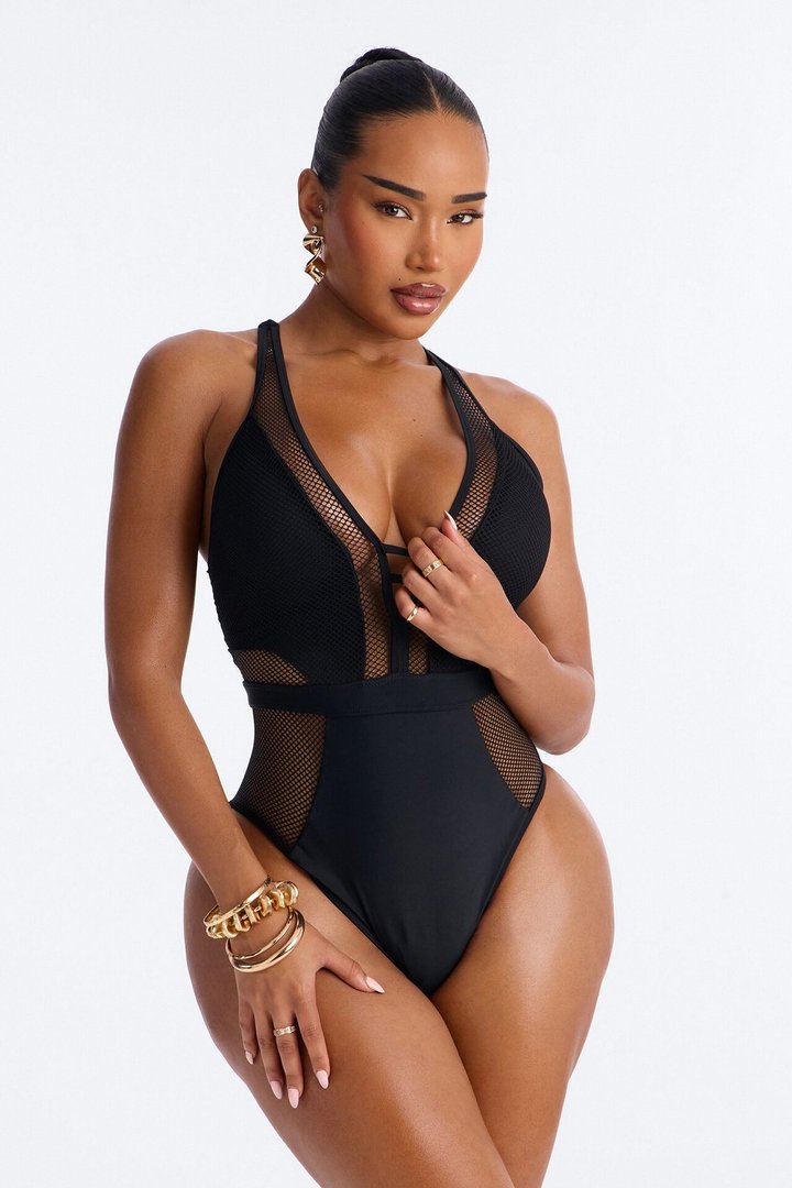 Gave In To Pier Pressure Fishnet Cut Out 1 Piece Swimsuit - Black