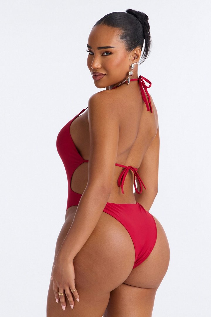 Miami Beat Studded 1 Piece Halter Cut Out Swimsuit - DarkRed
