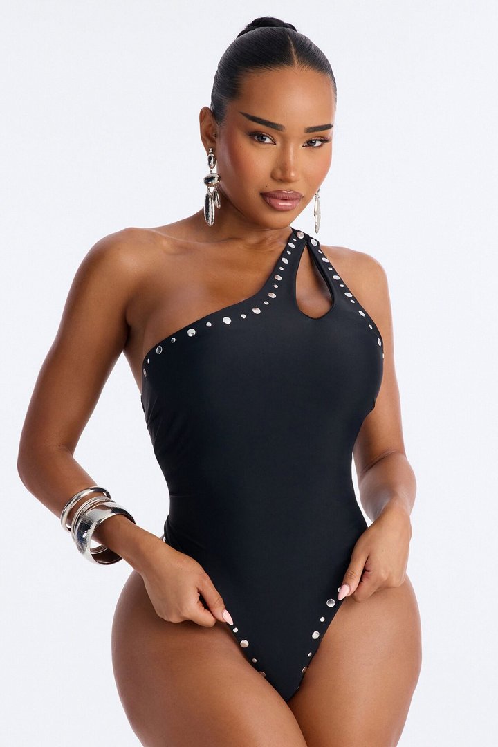 Whiskey And Waves Studded Asymmetrical Lace Up 1 Piece Swimsuit - Black