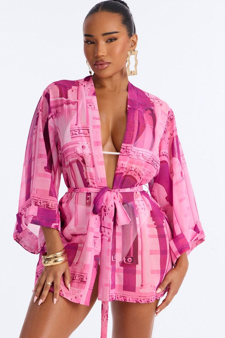 Enjoy The Waves Novelty Swim Cover Up Kimono - Pink