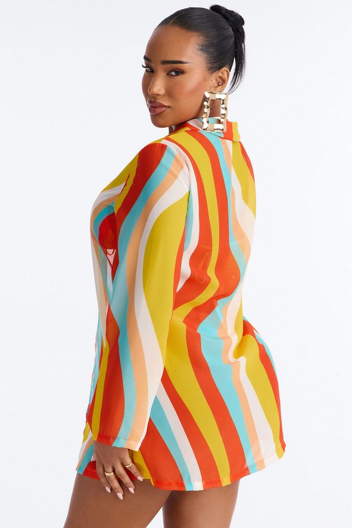 Desert Oasis Striped Triangle Bikini Mesh Shirt Cover Up Set - Orange/combo