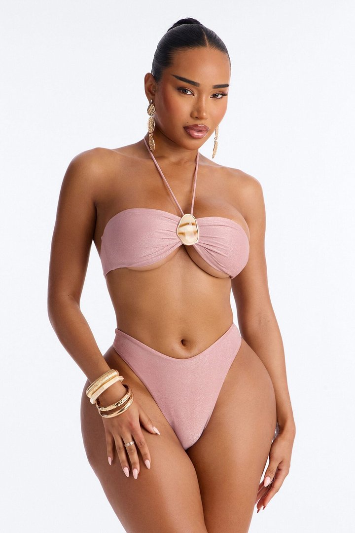 See Me Shimmer Hardware High Slit 3 Piece Bikini Skirt Set - Rose