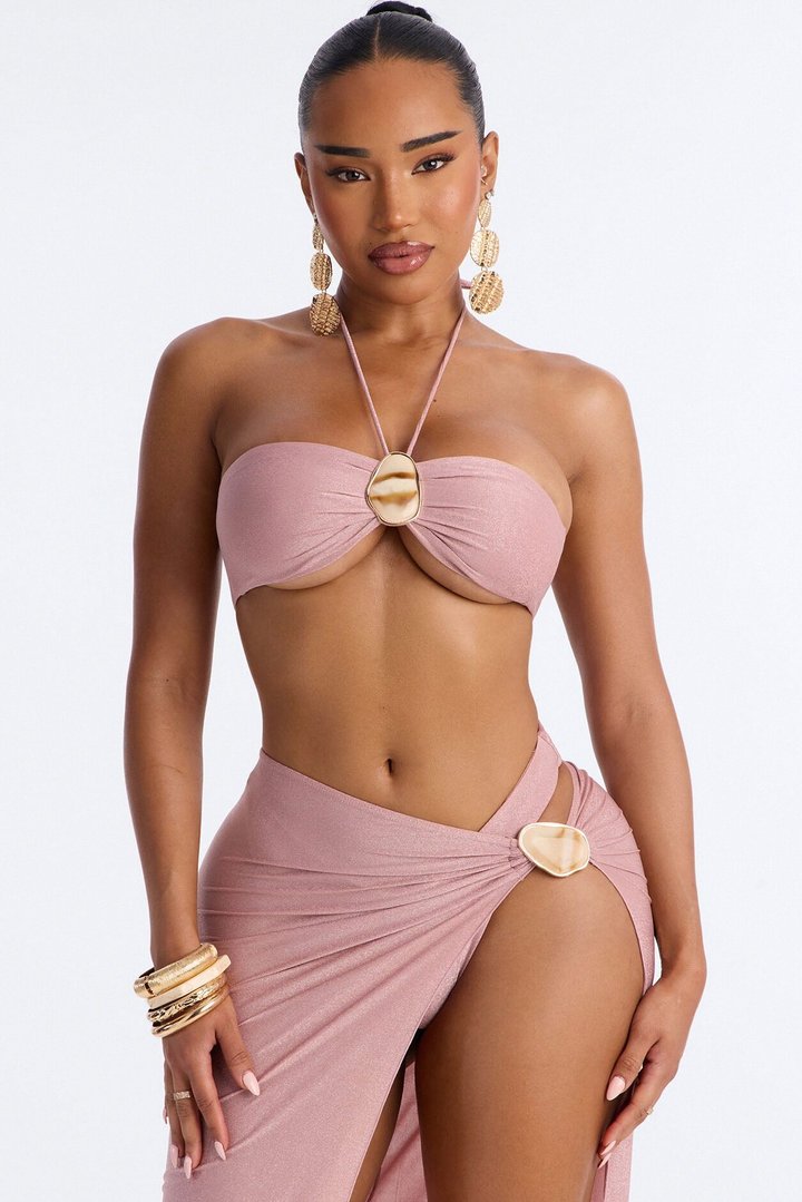 See Me Shimmer Hardware High Slit 3 Piece Bikini Skirt Set - Rose
