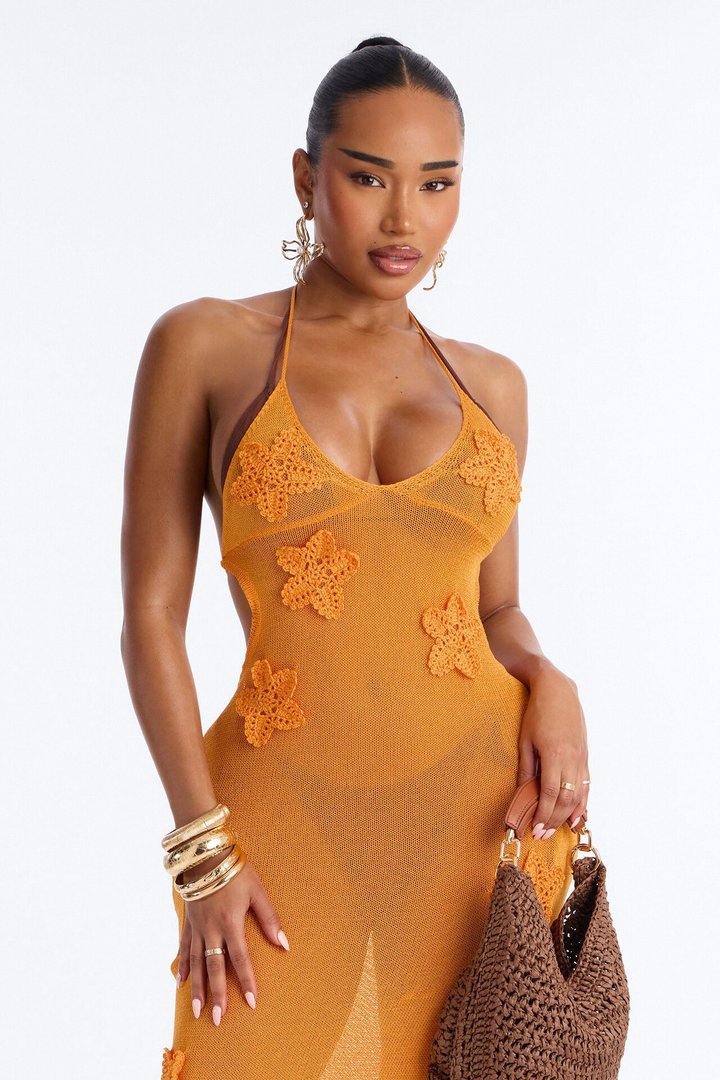 Petal Me Softly Floral Swim Sheer Cover Up Dress - Orange
