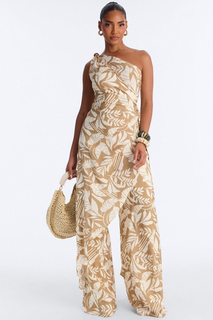 Ziana Beaded Draped Sleeveless Jumpsuit - Tan