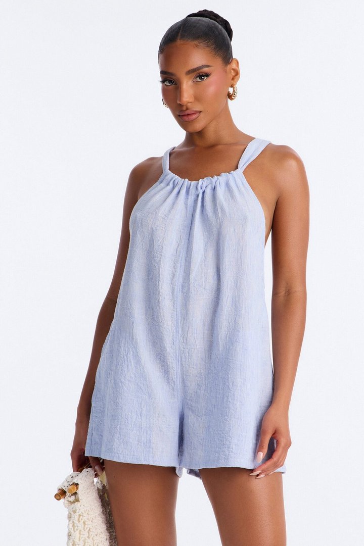 Jeanie Flowy Linen Romper - Blue