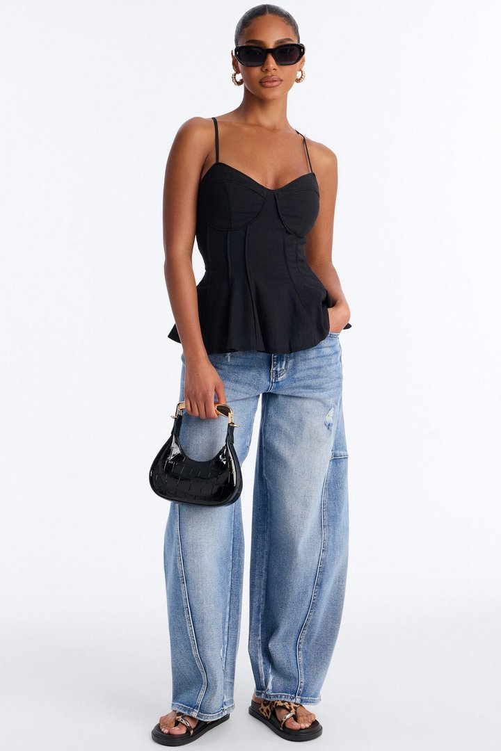 Pretty Please Peplum Linen Babydoll Top - Black