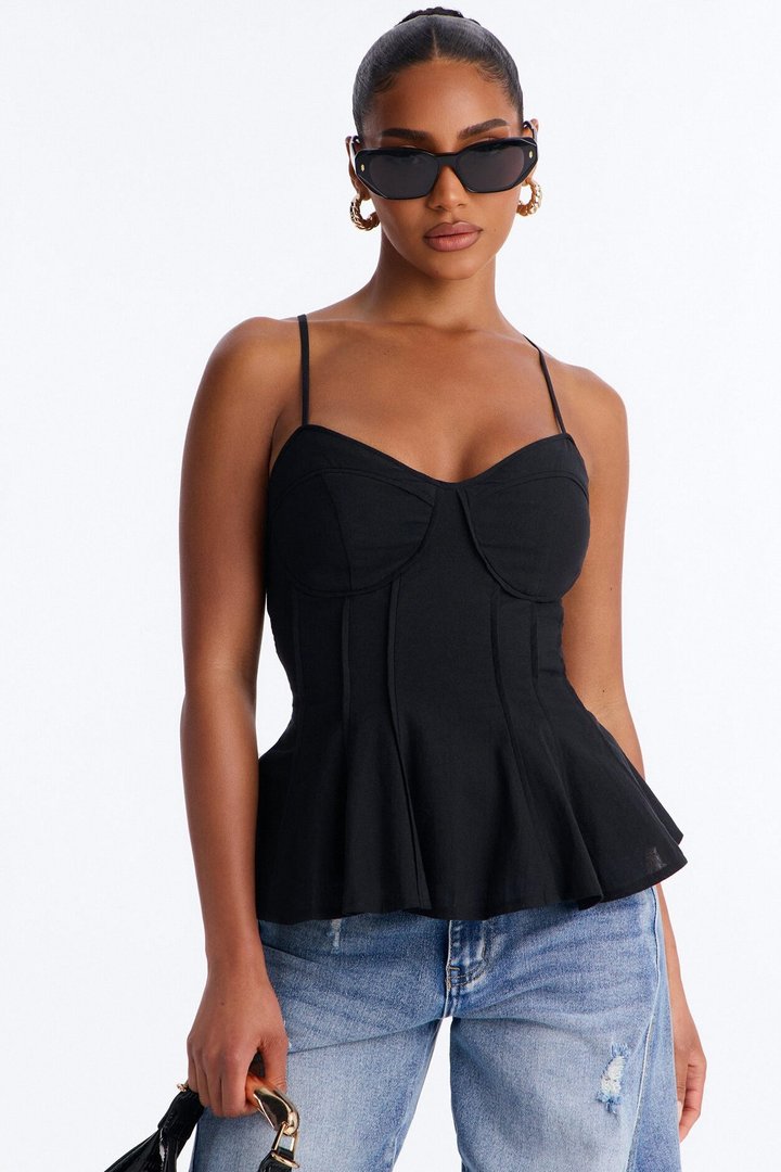 Pretty Please Peplum Linen Babydoll Top - Black
