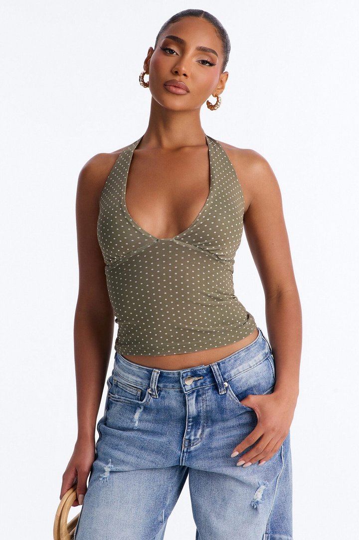 Chloe Mesh Polka Dot Halter Top - Olive/combo