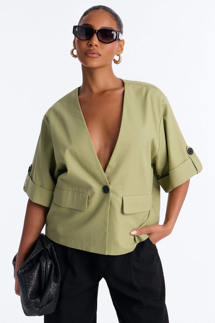 Ready When You Are Cuffed Linen Top - Olive