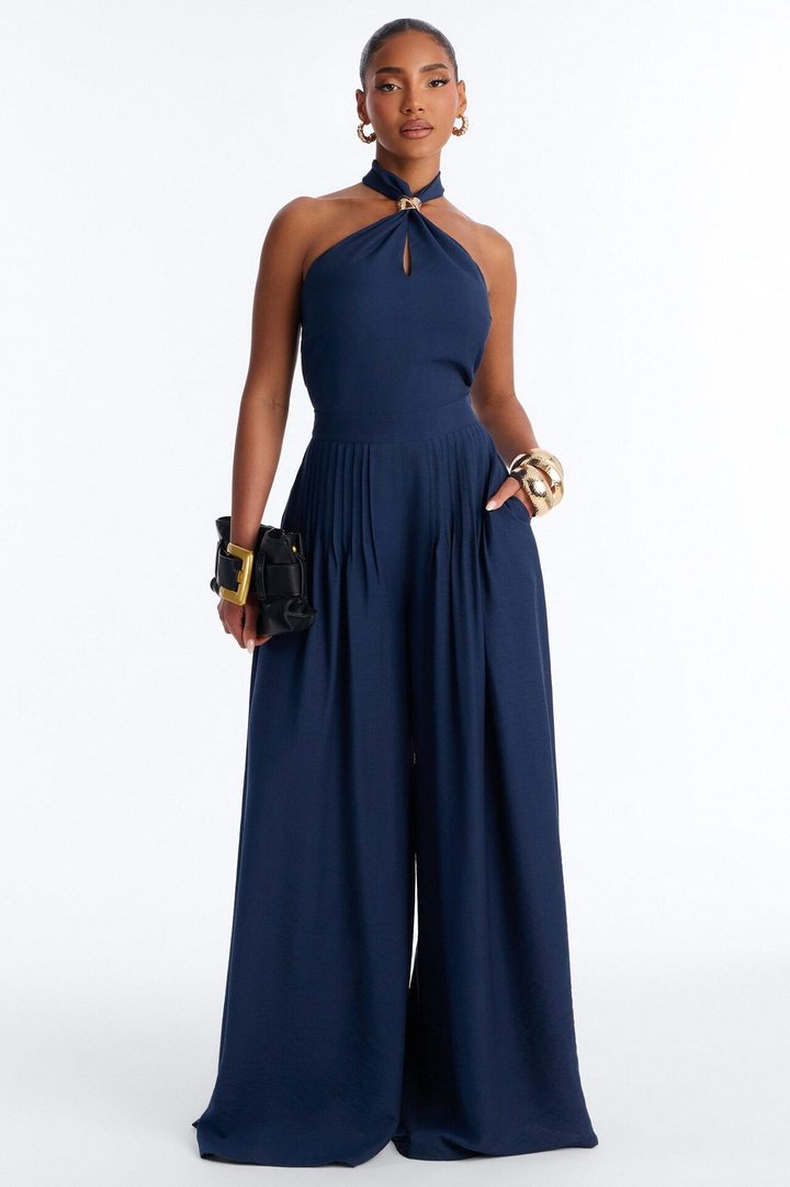 Alana Halter Pleated Wide Leg Jumpsuit - Navy
