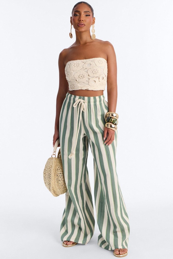 Tea Time Stripe Wide Leg Pant - Sage/combo