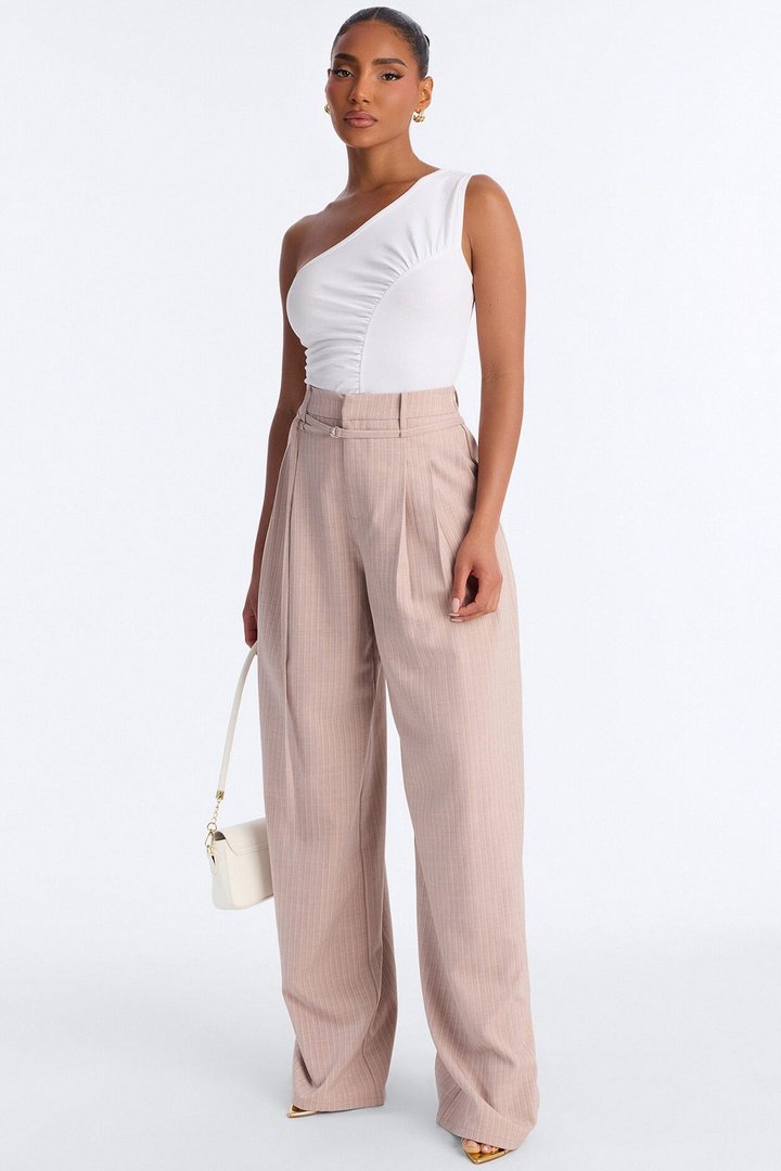 Old Money Feel Pinstripe Belted Trouser Pant 33″ - Mauve
