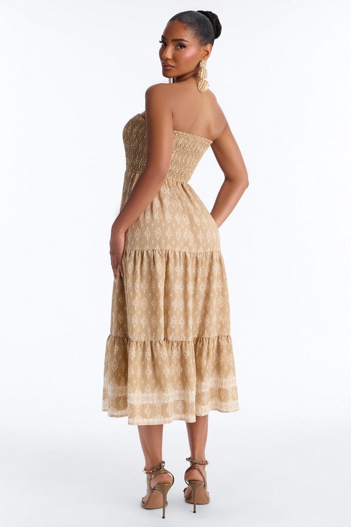 Noelle Strapless Print Midi Dress - Mocha/combo