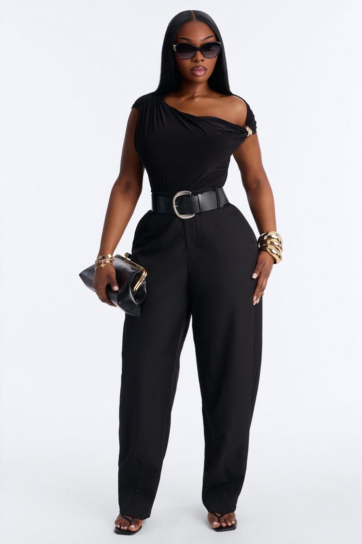 Rebecca Belted Barrel Trouser Pants - Black