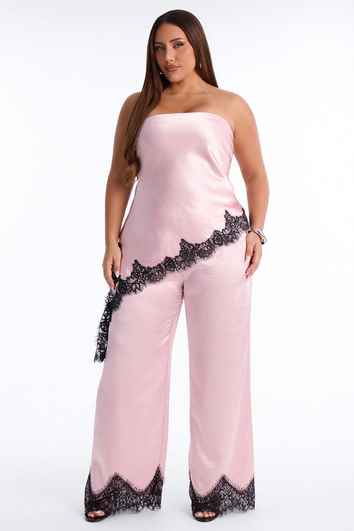 Joliene Satin Laced Pant Set - Pink