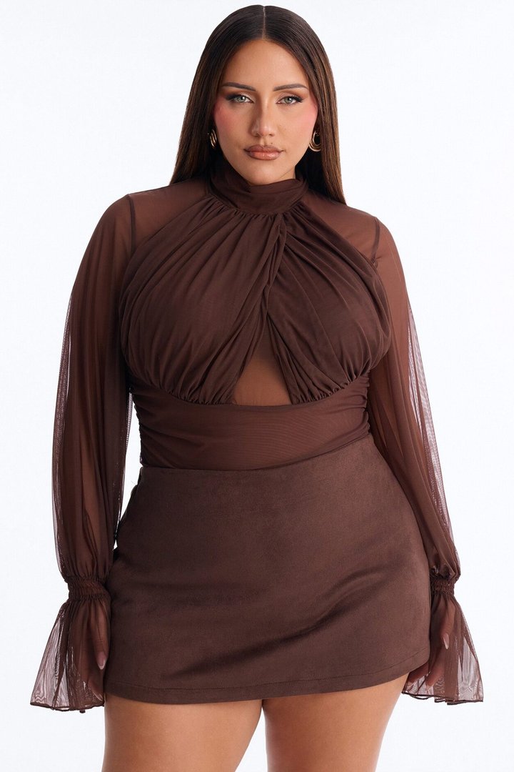 Juliet Ruched Mesh Long Sleeve Bodysuit - Brown