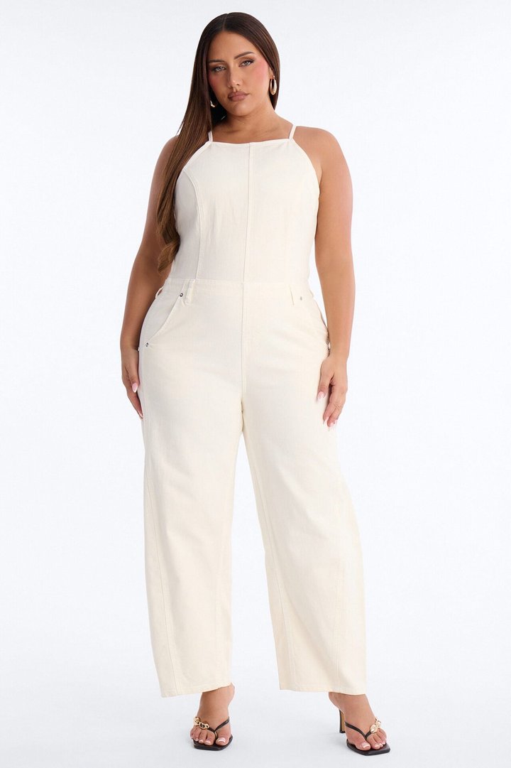 Tiana Backless Denim Barrel Leg Jumpsuit - Off White