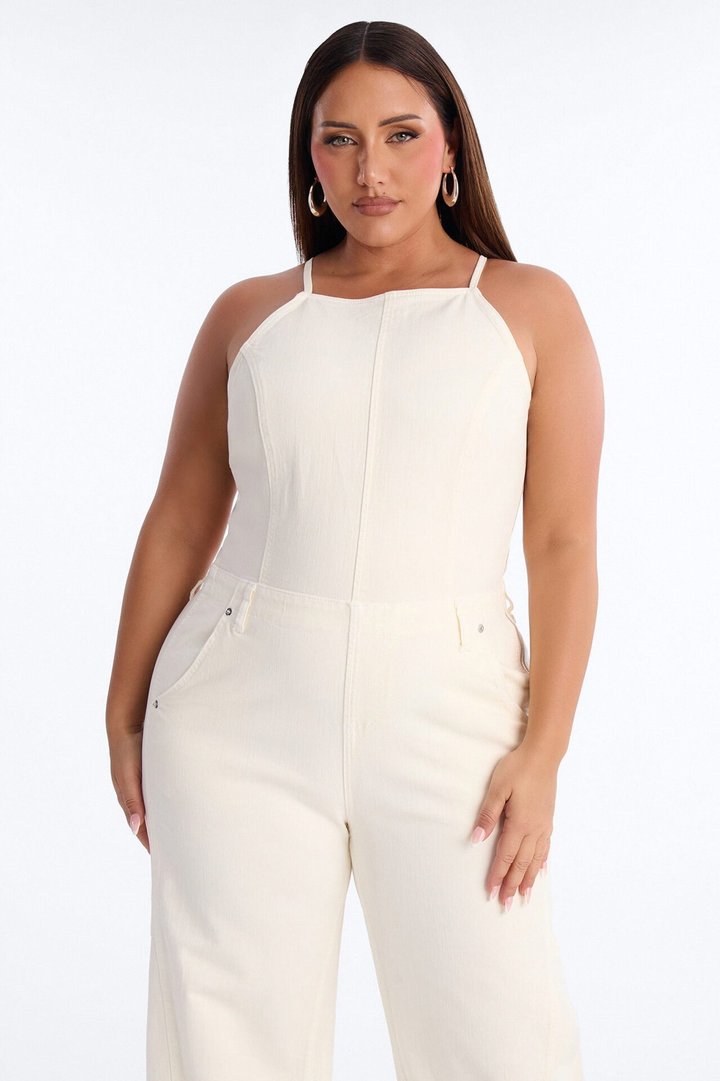 Tiana Backless Denim Barrel Leg Jumpsuit - Off White