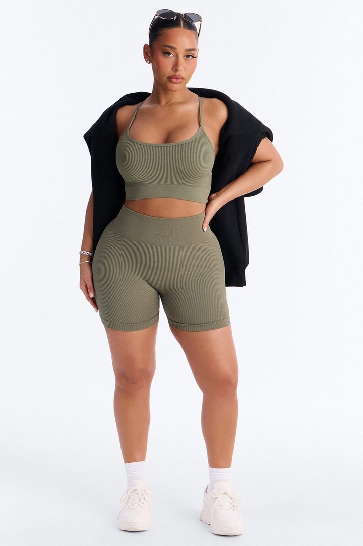 Never Settle Seamless Sports Bra Biker Short Set - Olive