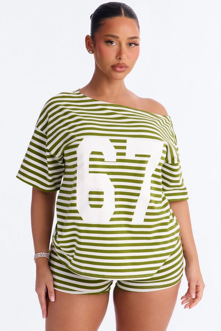Winning Streak Off Shoulder Striped Short Set - Green/combo