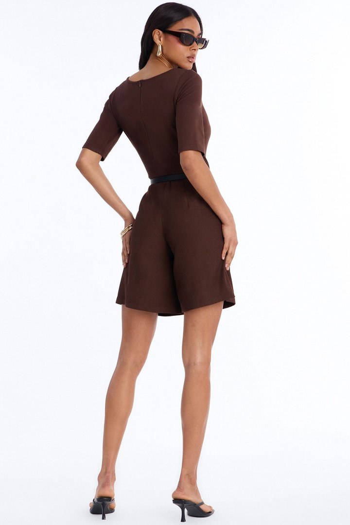 Farah Belted Trouser Romper - Chocolate