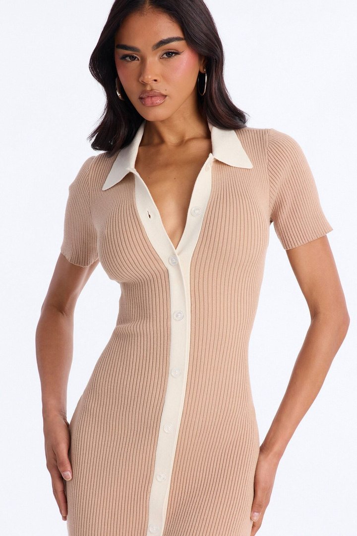 Ciao Bella Short Sleeve Sweater Midi Dress - Mocha/combo
