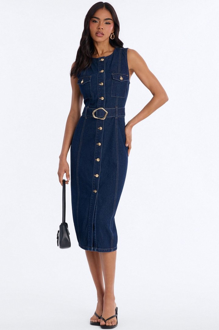 Isla Belted Denim Midi Dress - Dark Wash