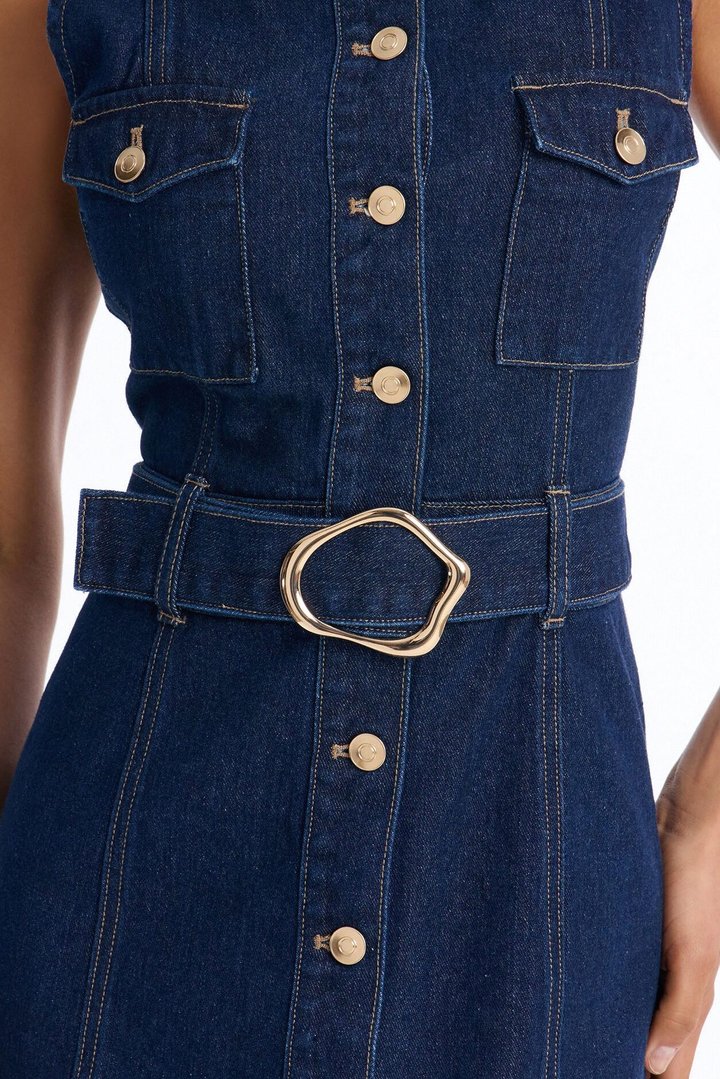 Isla Belted Denim Midi Dress - Dark Wash