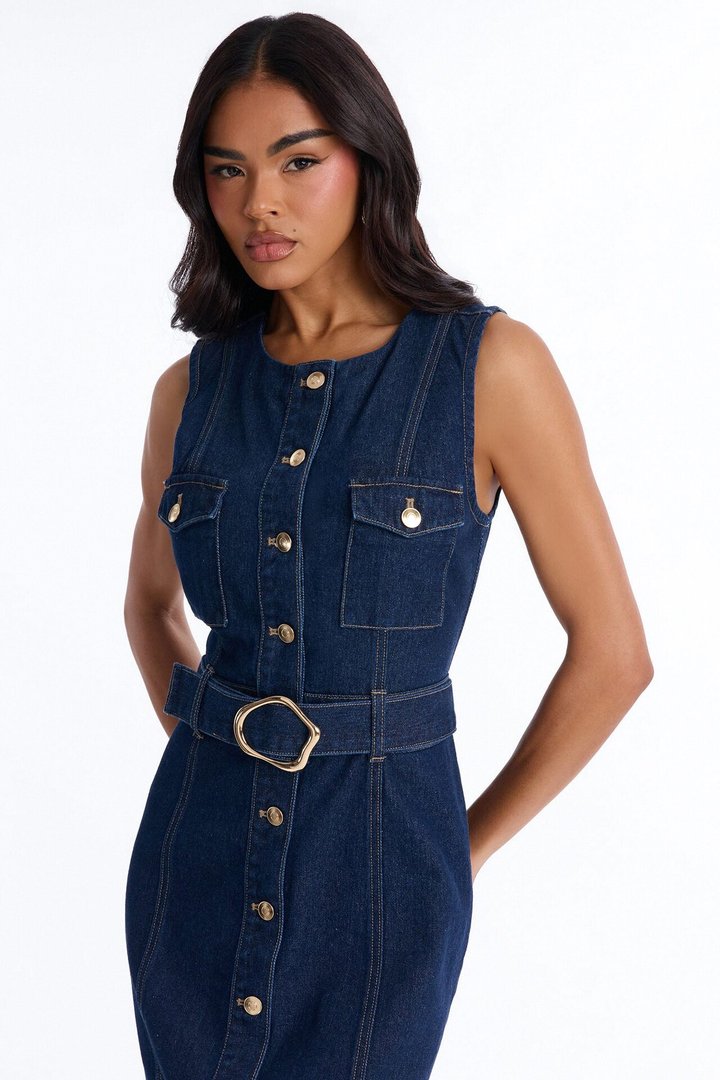 Isla Belted Denim Midi Dress - Dark Wash