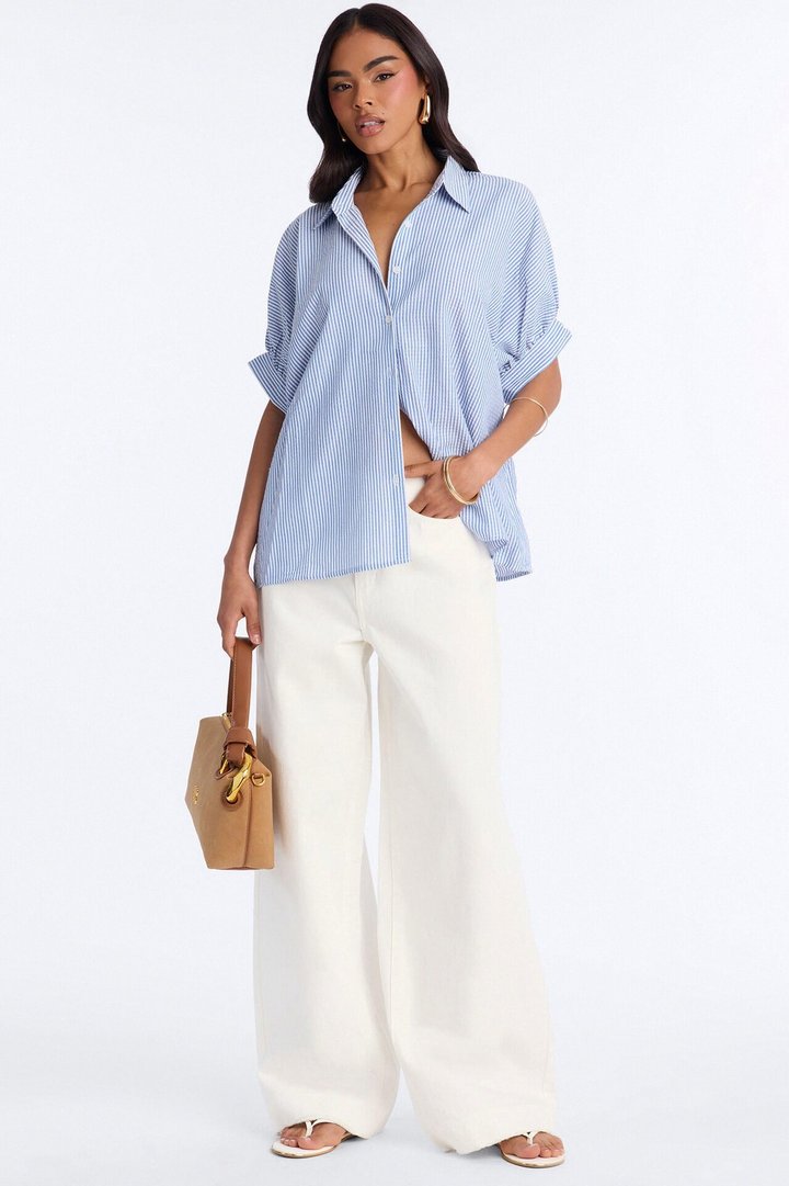 Josie Pinstripe Button Up Short Sleeve Shirt - Blue/combo