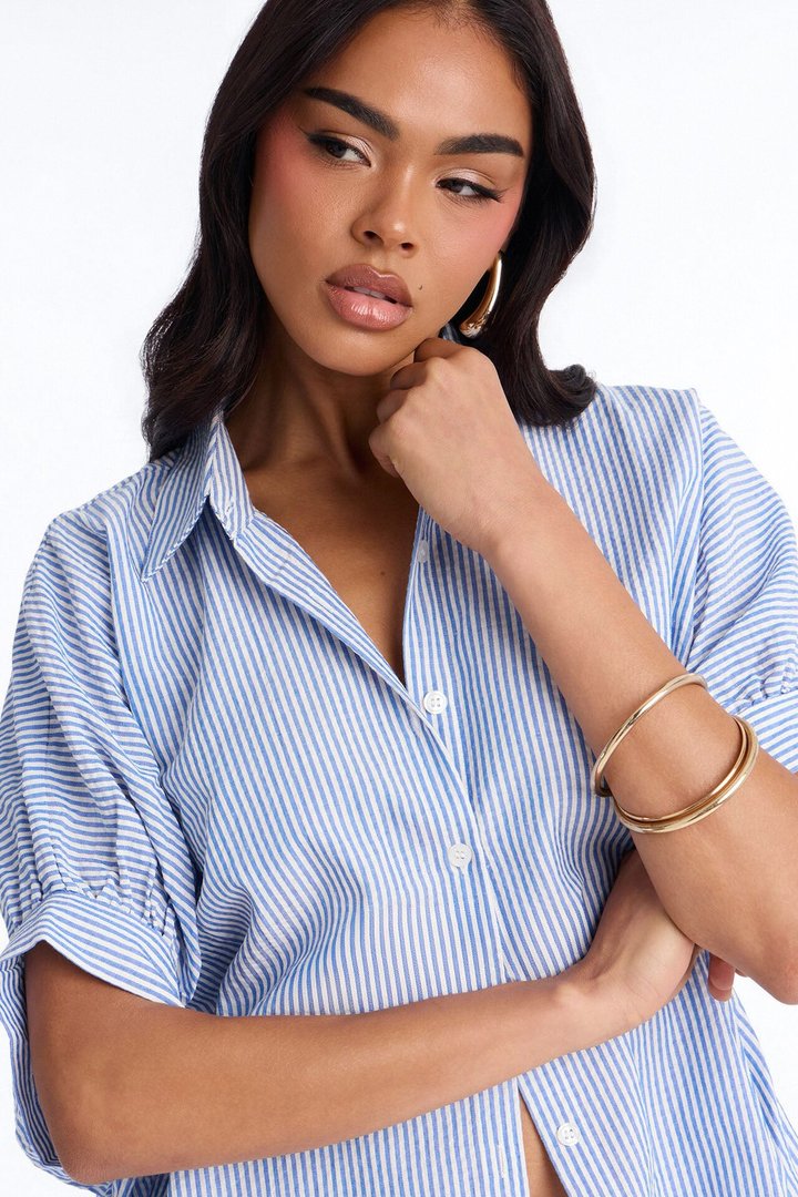 Josie Pinstripe Button Up Short Sleeve Shirt - Blue/combo