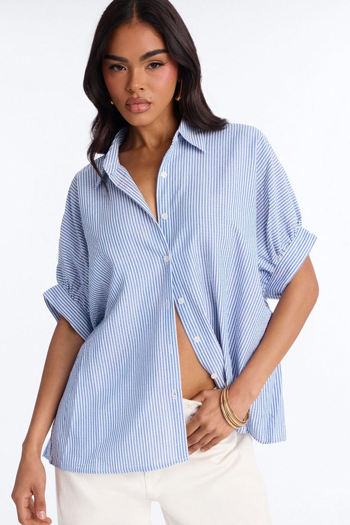 Josie Pinstripe Button Up Short Sleeve Shirt - Blue/combo