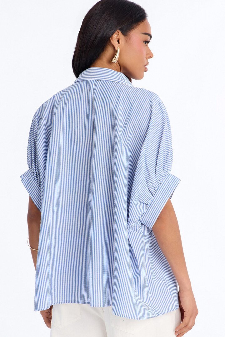 Josie Pinstripe Button Up Short Sleeve Shirt - Blue/combo