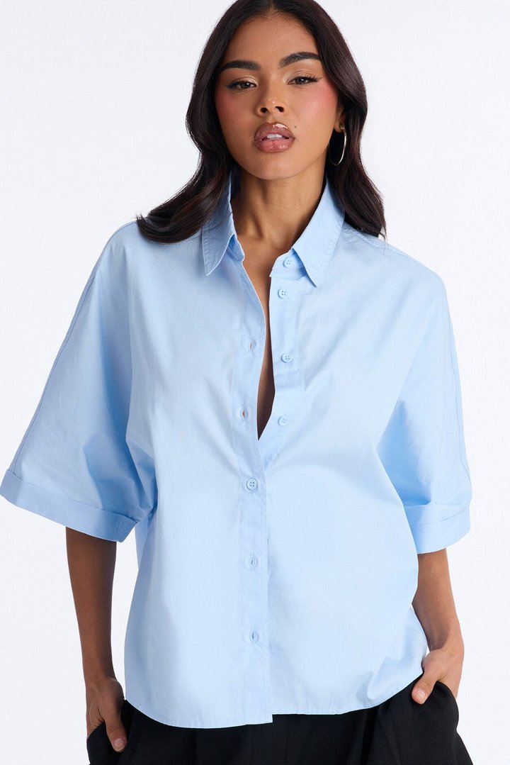 Sancie Oversized Poplin Button Up Shirt - Blue