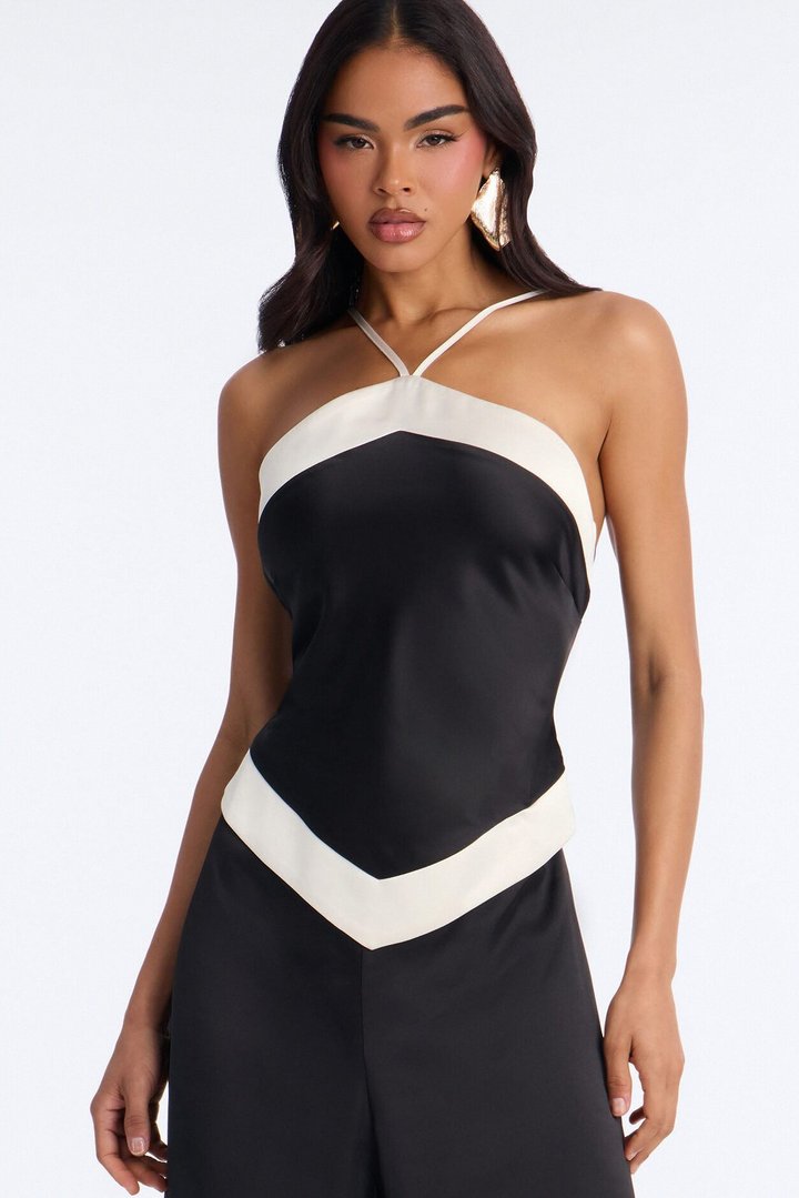 Hailie Satin Contrast Trim Halter Jumpsuit - Black