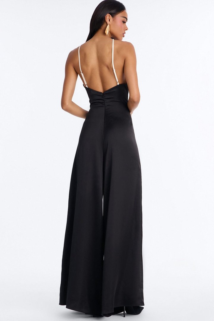 Hailie Satin Contrast Trim Halter Jumpsuit - Black