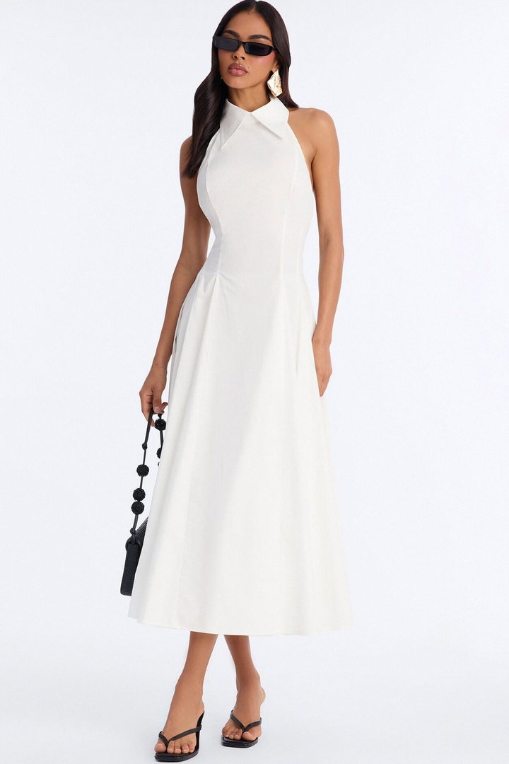 Audrey Collared Poplin Maxi Dress - White