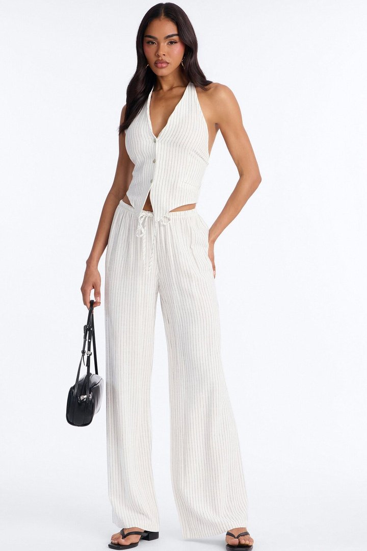 Girl Gone Wild Pinstripe Linen Halter Top - White/combo