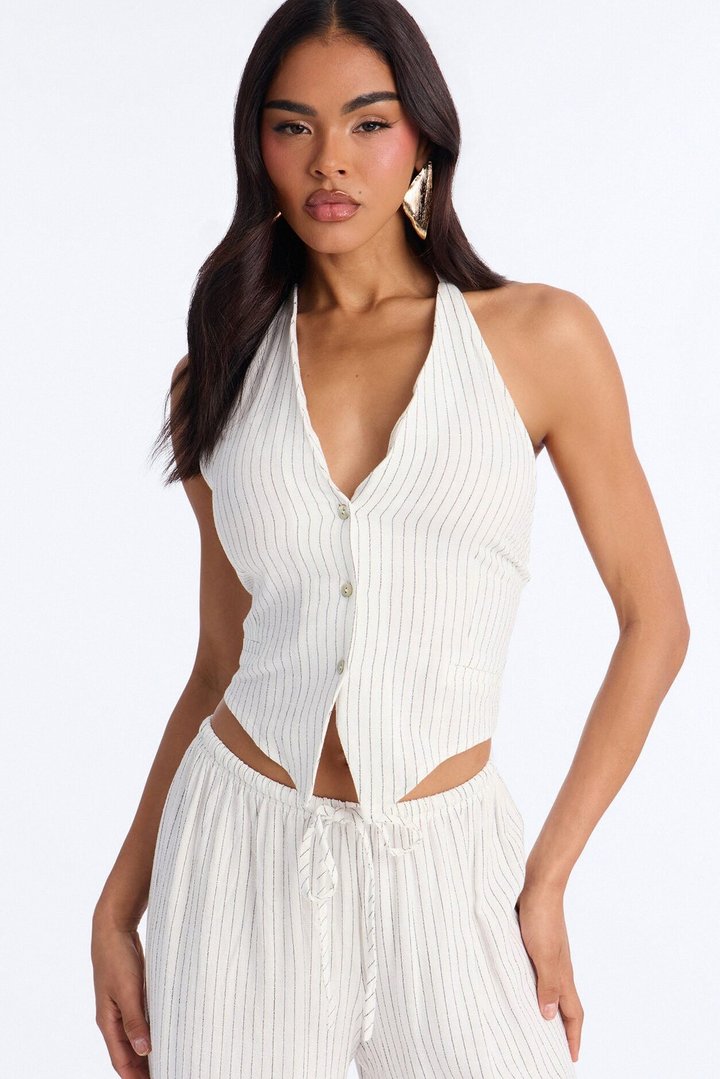Girl Gone Wild Pinstripe Linen Halter Top - White/combo