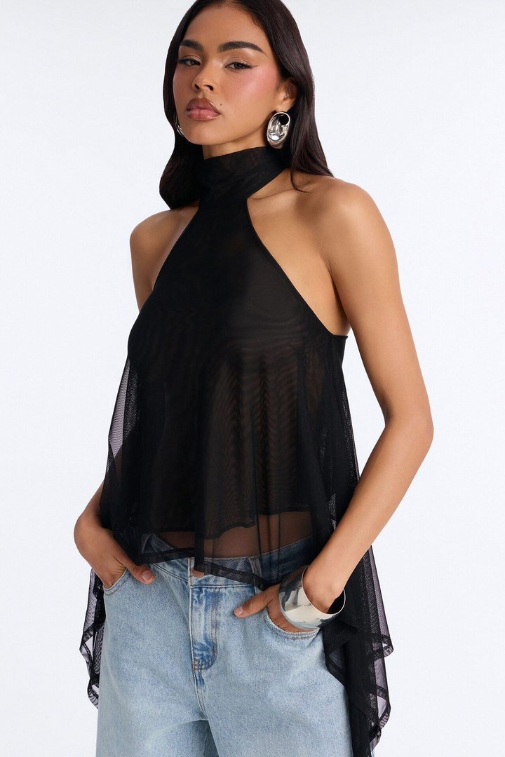 Feeling Fine Sheer Mesh High Neck Sleeveless Top - Black