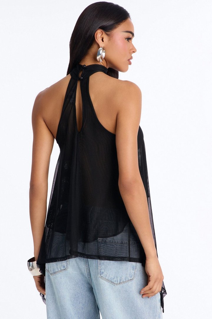 Feeling Fine Sheer Mesh High Neck Sleeveless Top - Black