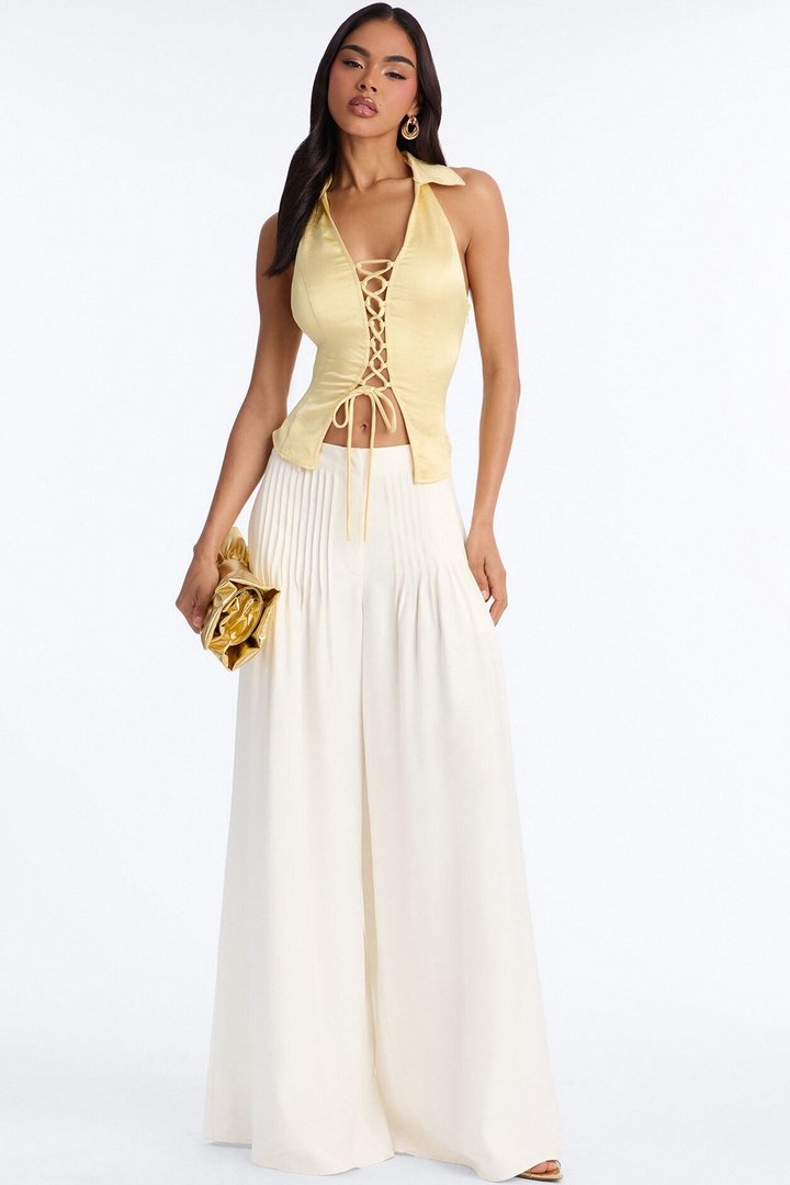 Simply That Girl Lace Up Satin Halter Top - Yellow