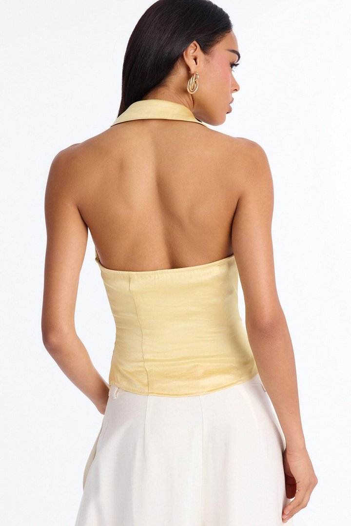 Simply That Girl Lace Up Satin Halter Top - Yellow