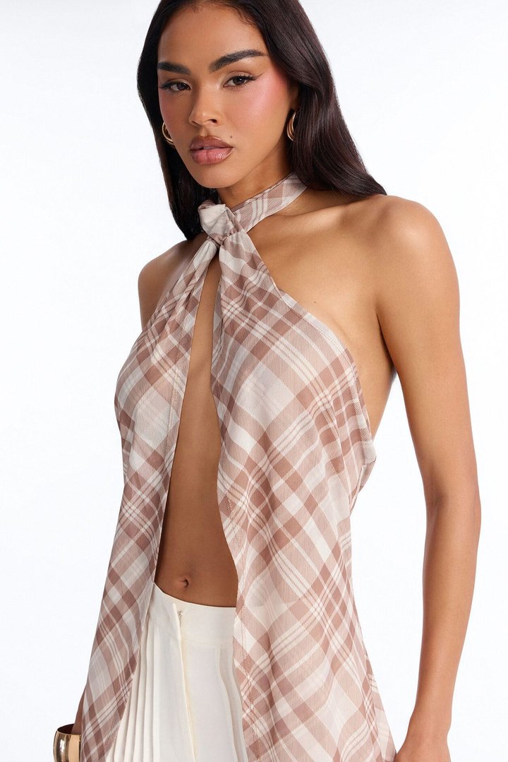 Plaid Vision Mesh Flyaway Halter Top - Cream/combo