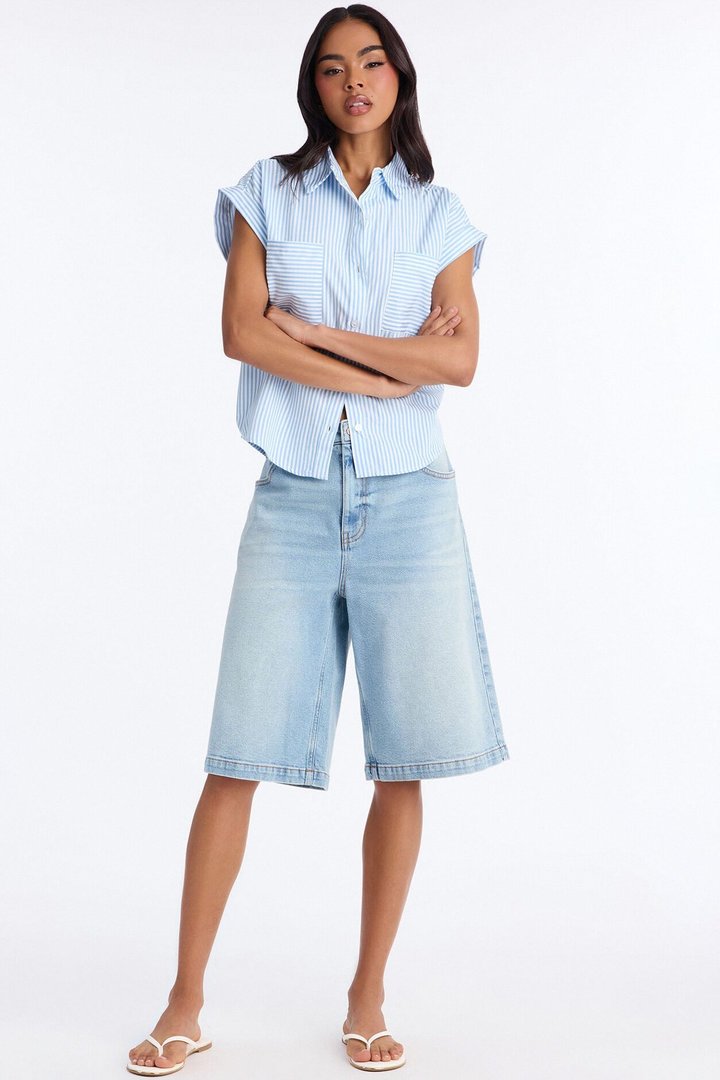 Linda Button Up Pinstripe Short Sleeve Shirt - Blue/combo