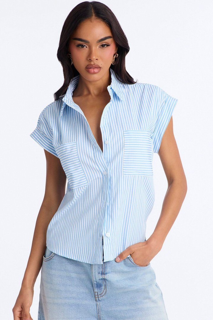 Linda Button Up Pinstripe Short Sleeve Shirt - Blue/combo