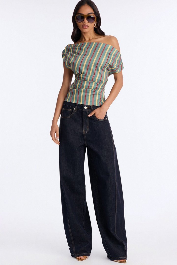 Set The Tone One Shoulder Striped Top - Green/combo