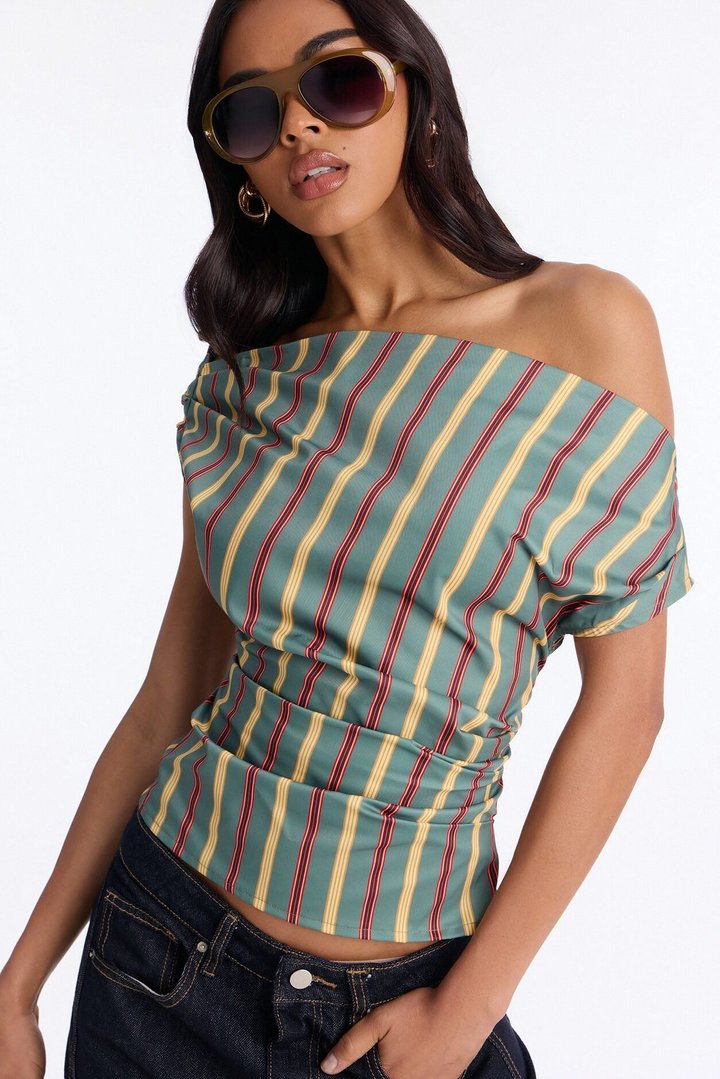 Set The Tone One Shoulder Striped Top - Green/combo