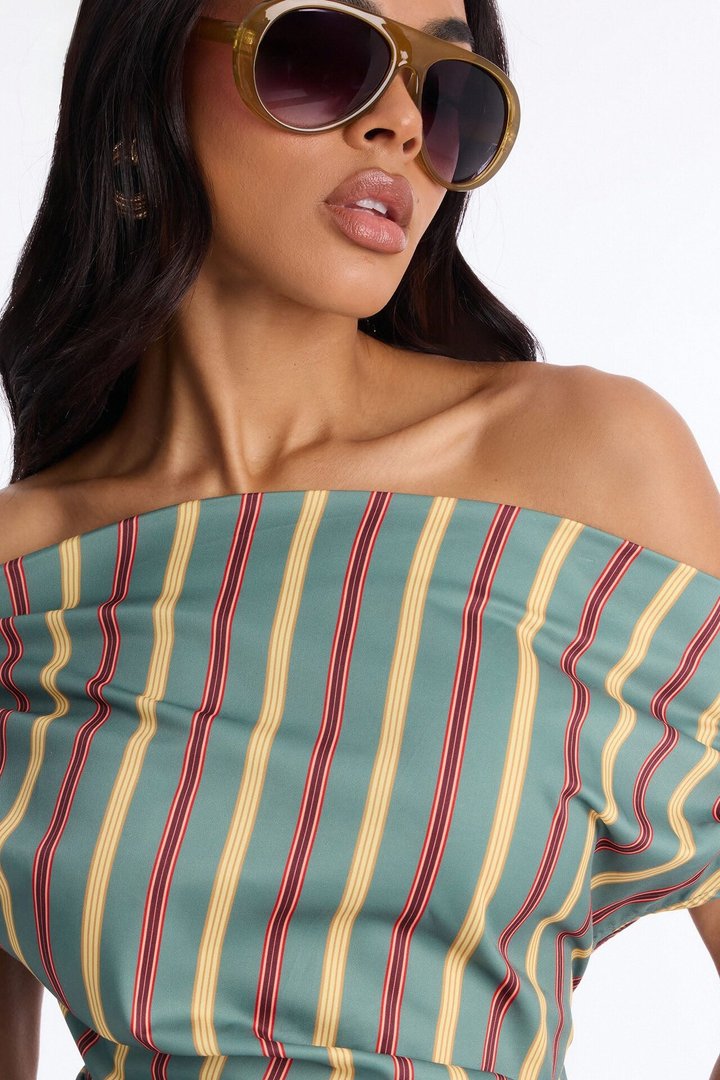 Set The Tone One Shoulder Striped Top - Green/combo